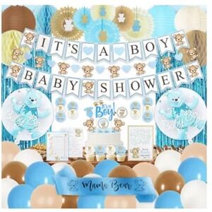 210 PC Teddy Bear Baby Shower Decorations supplies IT'S A BOY blue brown